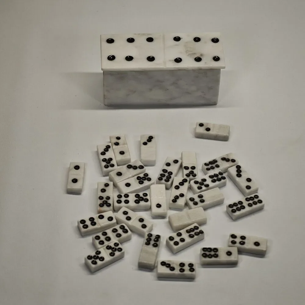 White Marble Dominoes Double Six 28 Tiles Stone Storage Box Black Pips Game Set